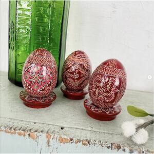 Vintage Hand-Painted Wood Resin Easter Egg Plus Base Pysanky Brown Orange SET 3